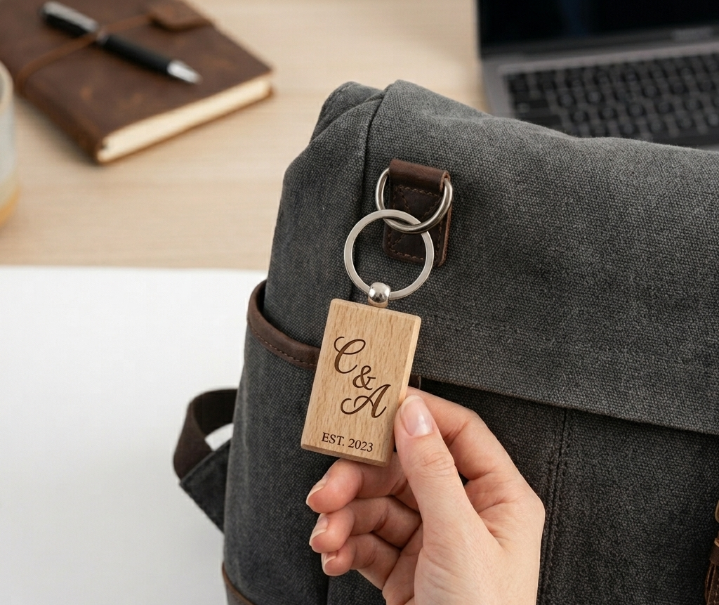 Couple's Initial Laser Engraved Wooden Keychain