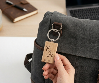 Couple's Initial Laser Engraved Wooden Keychain