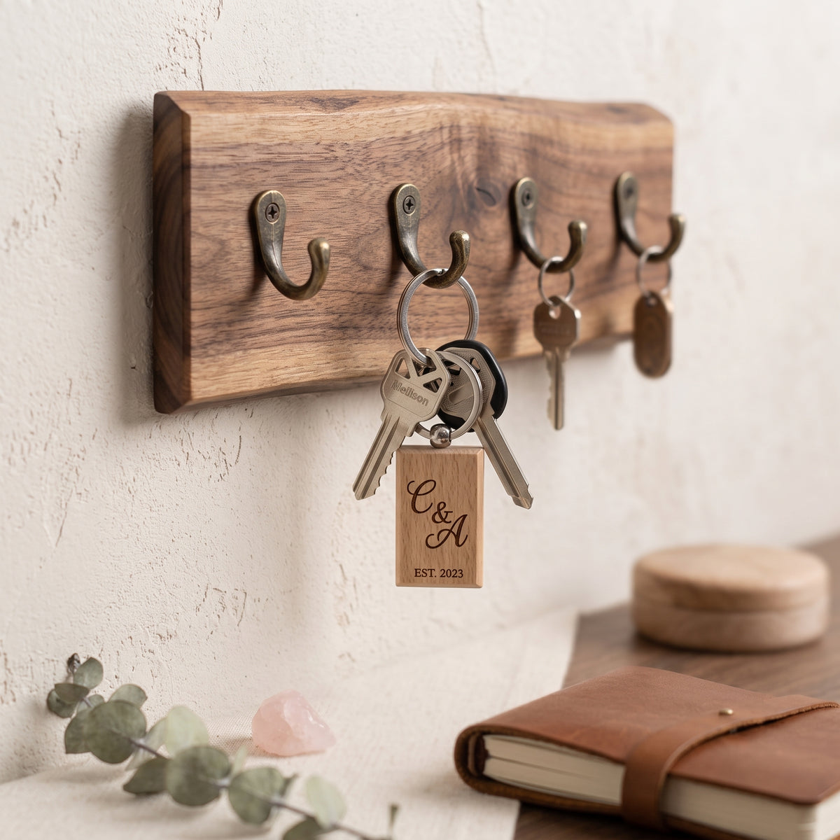 Couple's Initial Laser Engraved Wooden Keychain