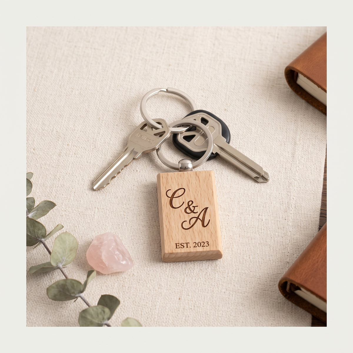 Couple's Initial Laser Engraved Wooden Keychain
