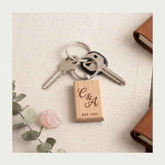 Couple's Initial Laser Engraved Wooden Keychain