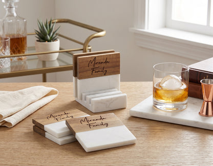 Custom Marble & Wood Coaster Set – Family Last Name