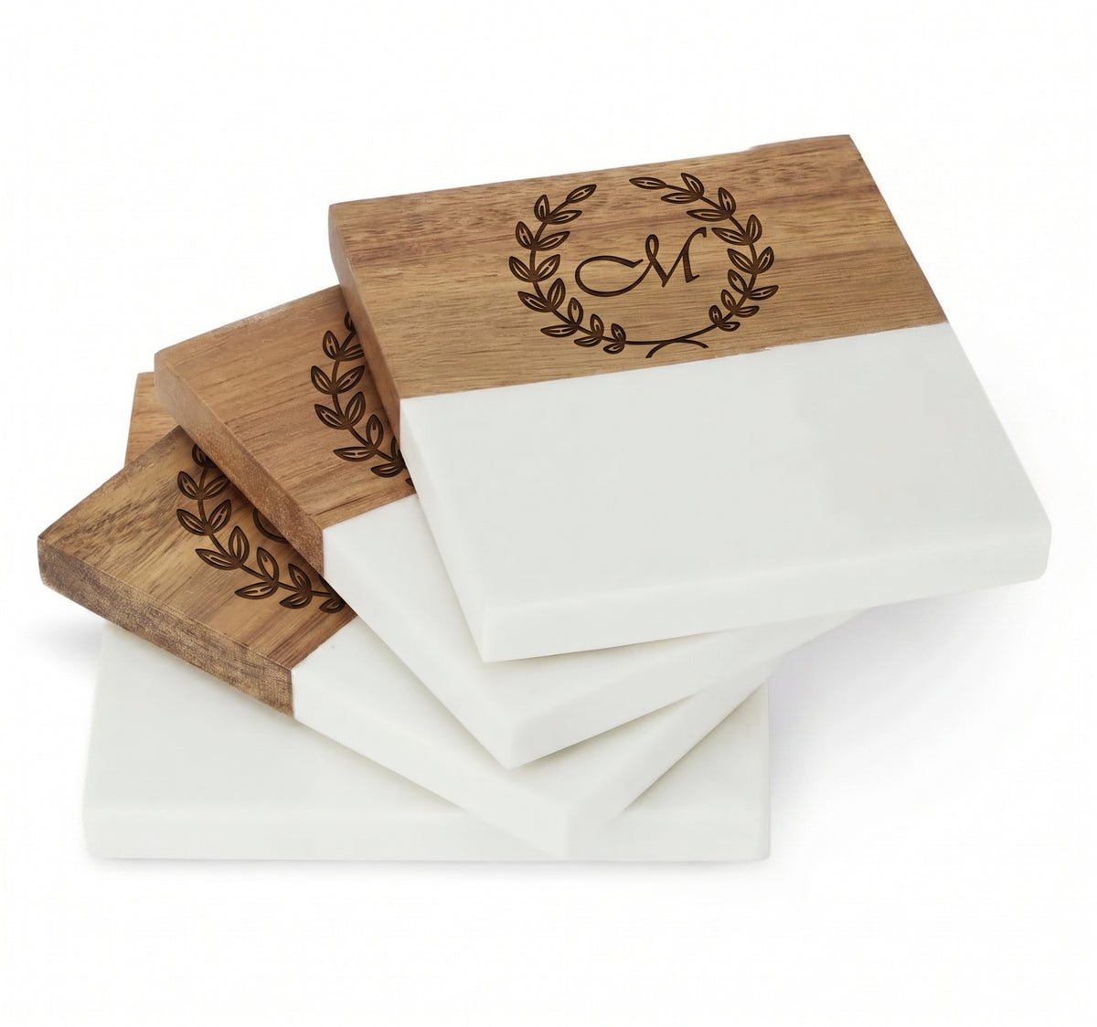 Custom Marble & Wood Coaster Set – Personalized Initial Engraving