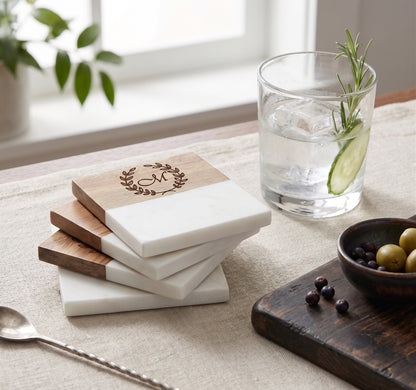 Custom Marble & Wood Coaster Set – Personalized Initial Engraving