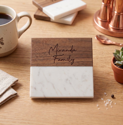 Custom Marble & Wood Coaster Set – Family Last Name
