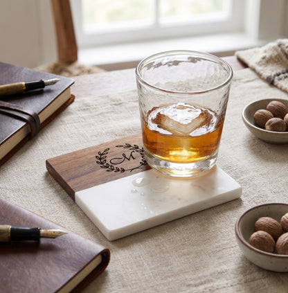 Custom Marble & Wood Coaster Set – Personalized Initial Engraving