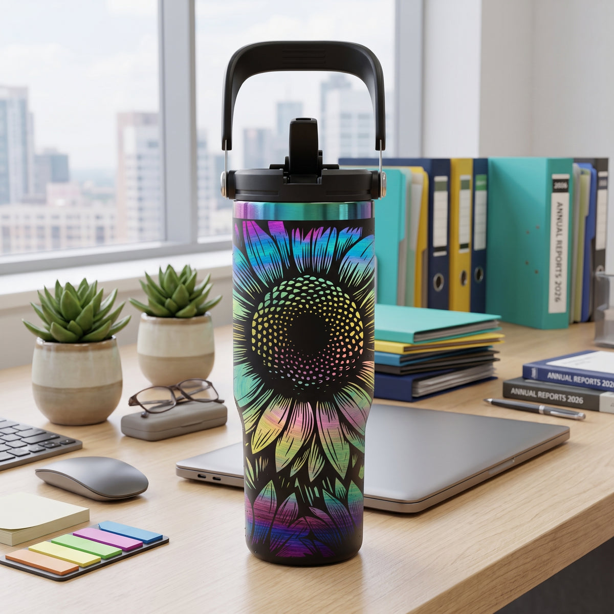 Sunflower 32oz Stainless Steel Water Bottle – Laser Engraved Rainbow Metallic