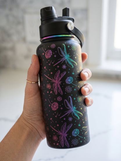 Dragonfly 32oz Stainless Steel Water Bottle – Laser Engraved Rainbow Metallic