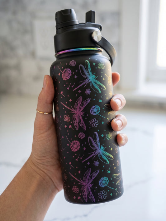 Dragonfly 32oz Stainless Steel Water Bottle – Laser Engraved Rainbow Metallic